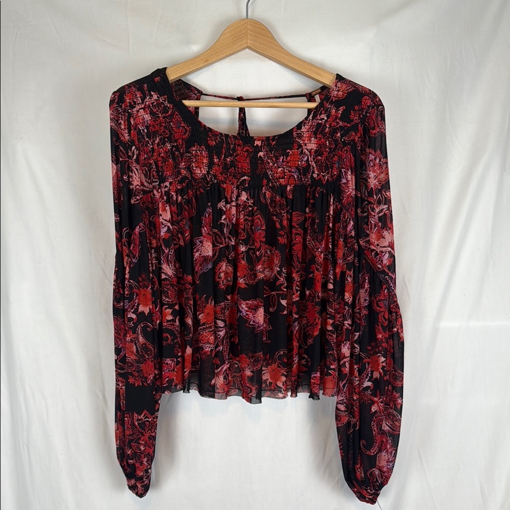 Free People Up for Anything Floral Flared Top with Back Tassel Ties Medium